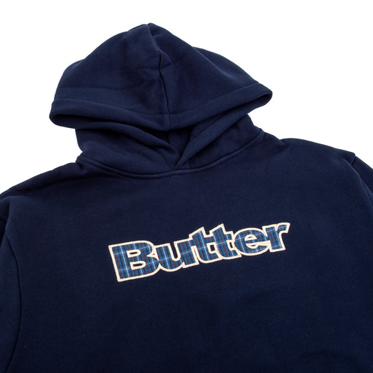 Plaid Logo Applique Pullover Hooded Sweatshirt (Navy)