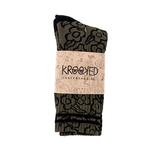 Multi Flowers Crew Sock (Olive / Black)